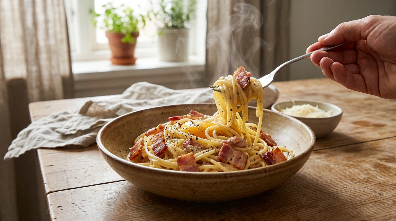 Hurtig pasta carbonara med bacon og æg